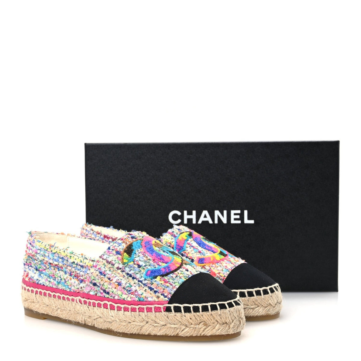 Chanel Cotton Tweed Grosgrain Women's CC Espadrilles 36 Multicolor Black