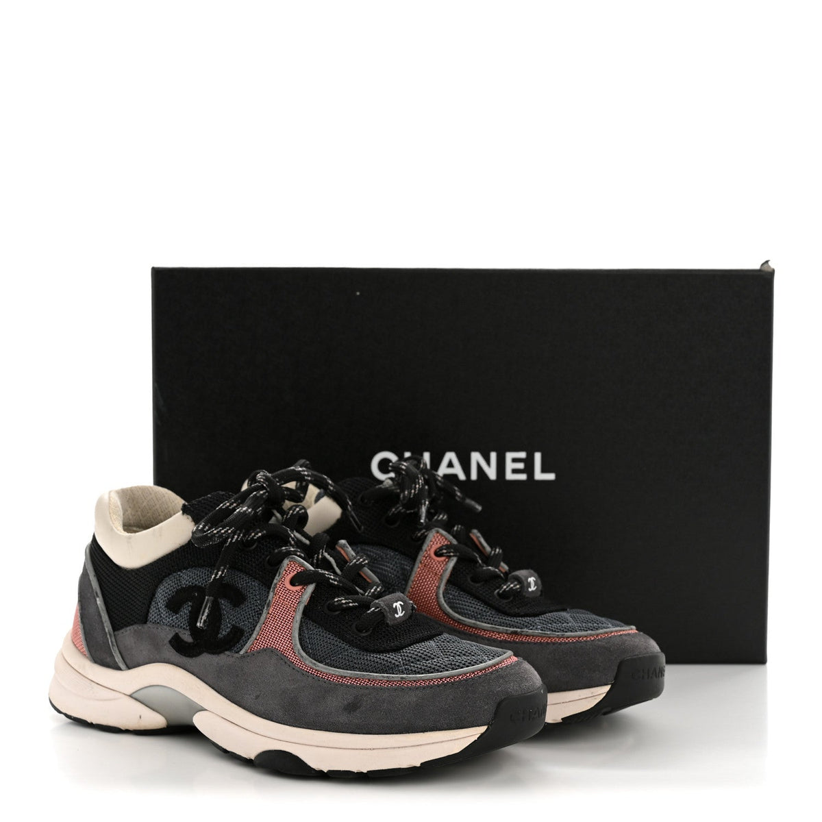 Chanel Fabric Calfskin Suede Women's CC Sneakers 36.5 Grey Pink