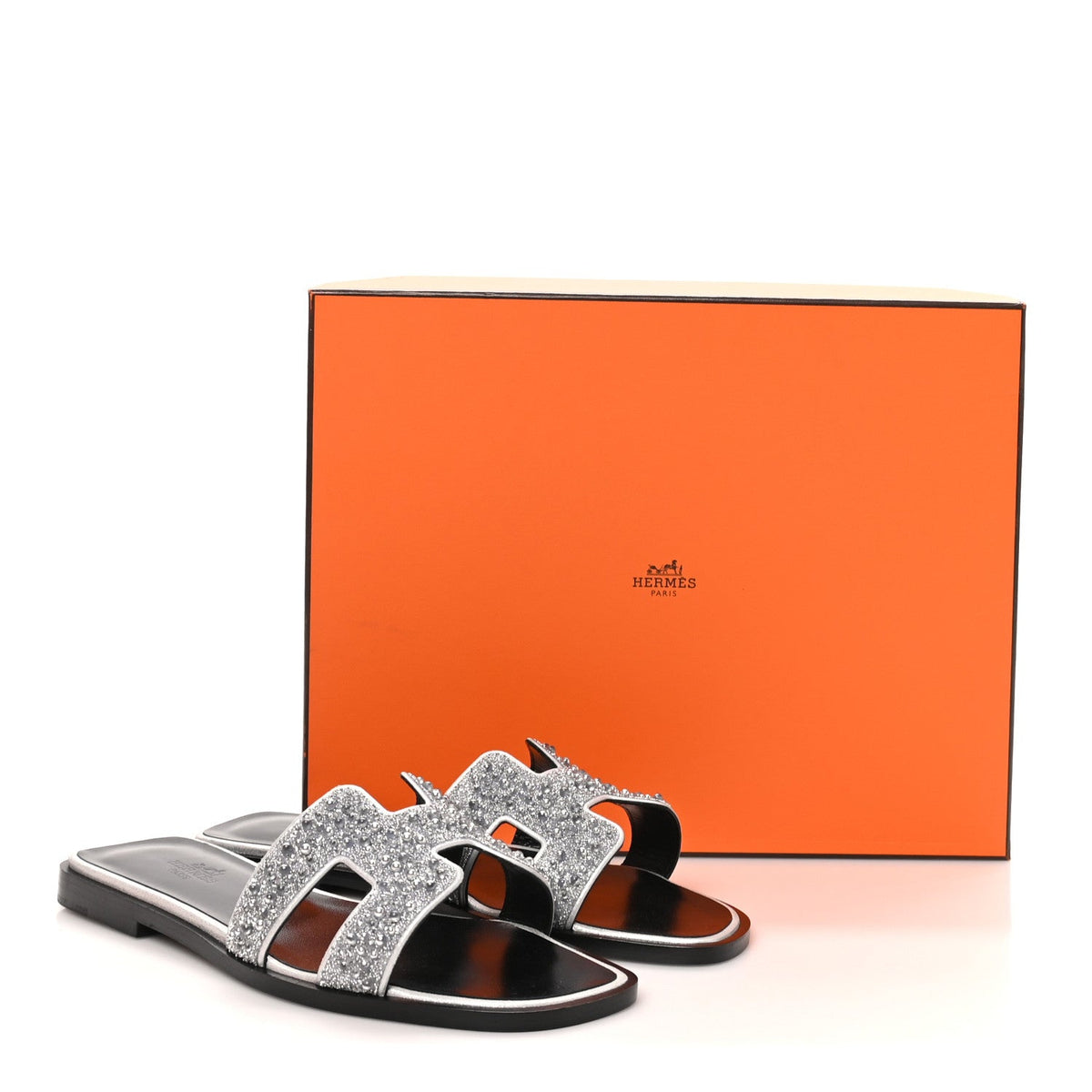 Hermes Velvet Goatskin Crystal Beads Oran Women's Sandals Gris Argente
