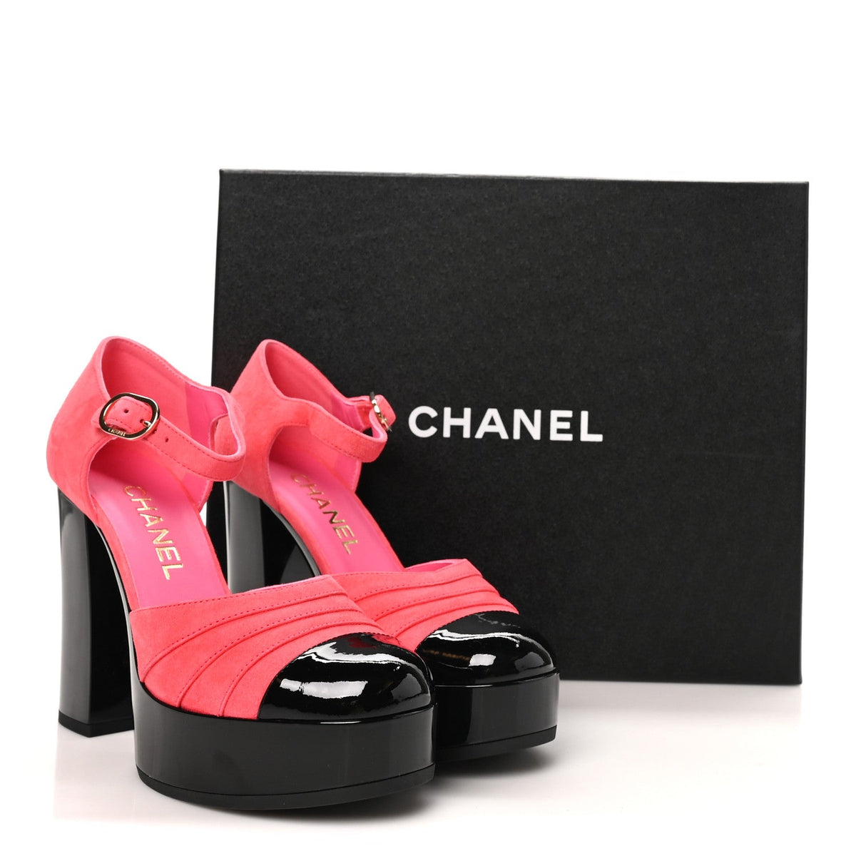 Chanel Suede Kidskin Patent Women's CC Platform Pumps 37 Dark Pink Black