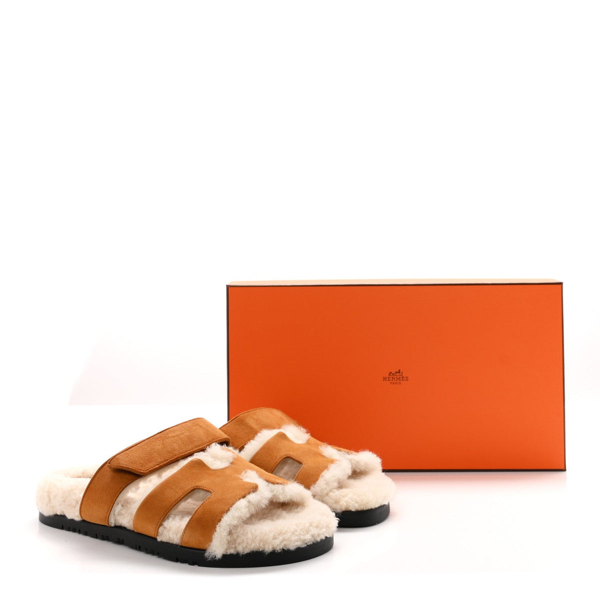 Hermes Suede Goatskin Woolskin Women's Chypre Sandals Naturel Ecru