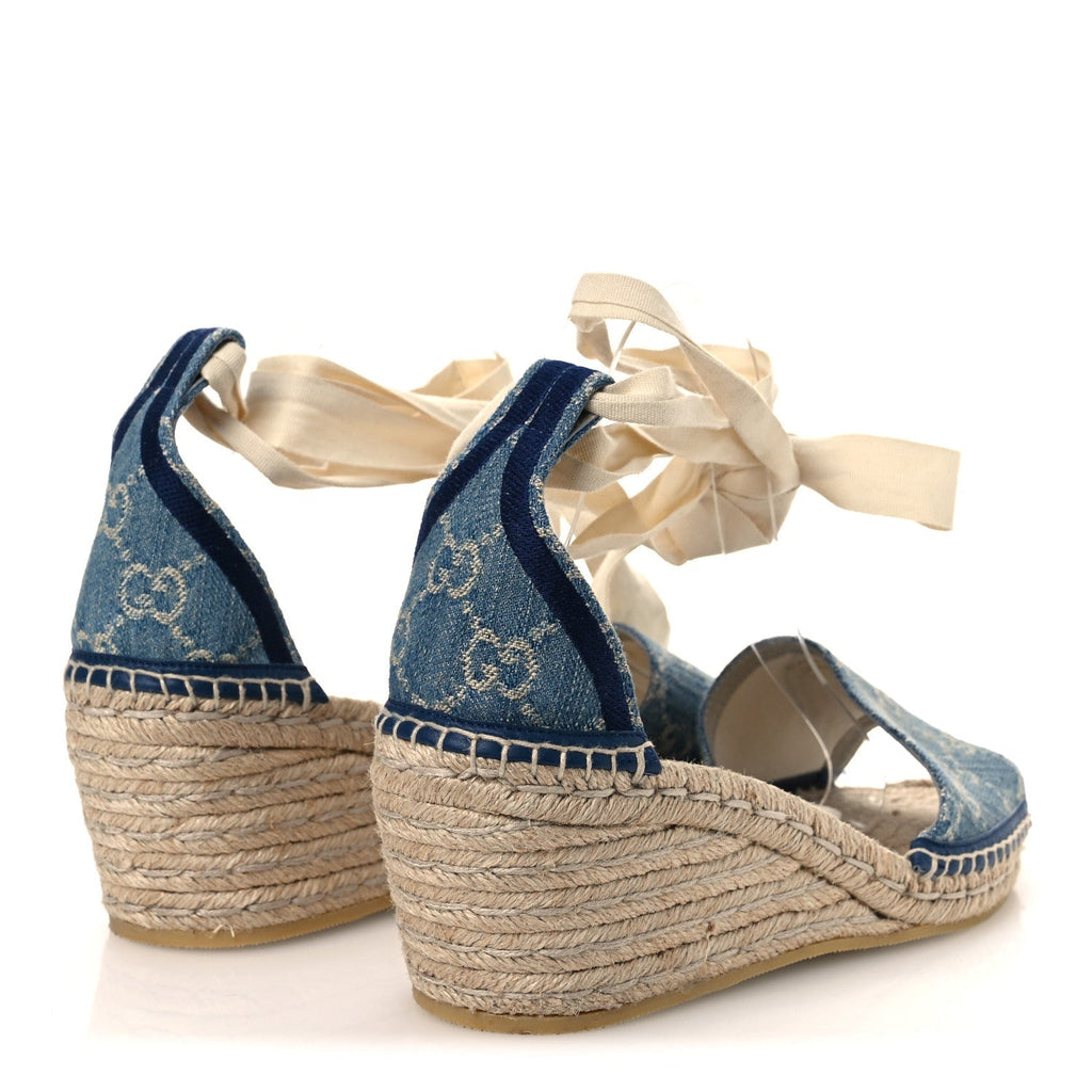 Gucci Denim Women's GG Monogram Pilar Espadrille Wedge Sandals 41 Light Blue