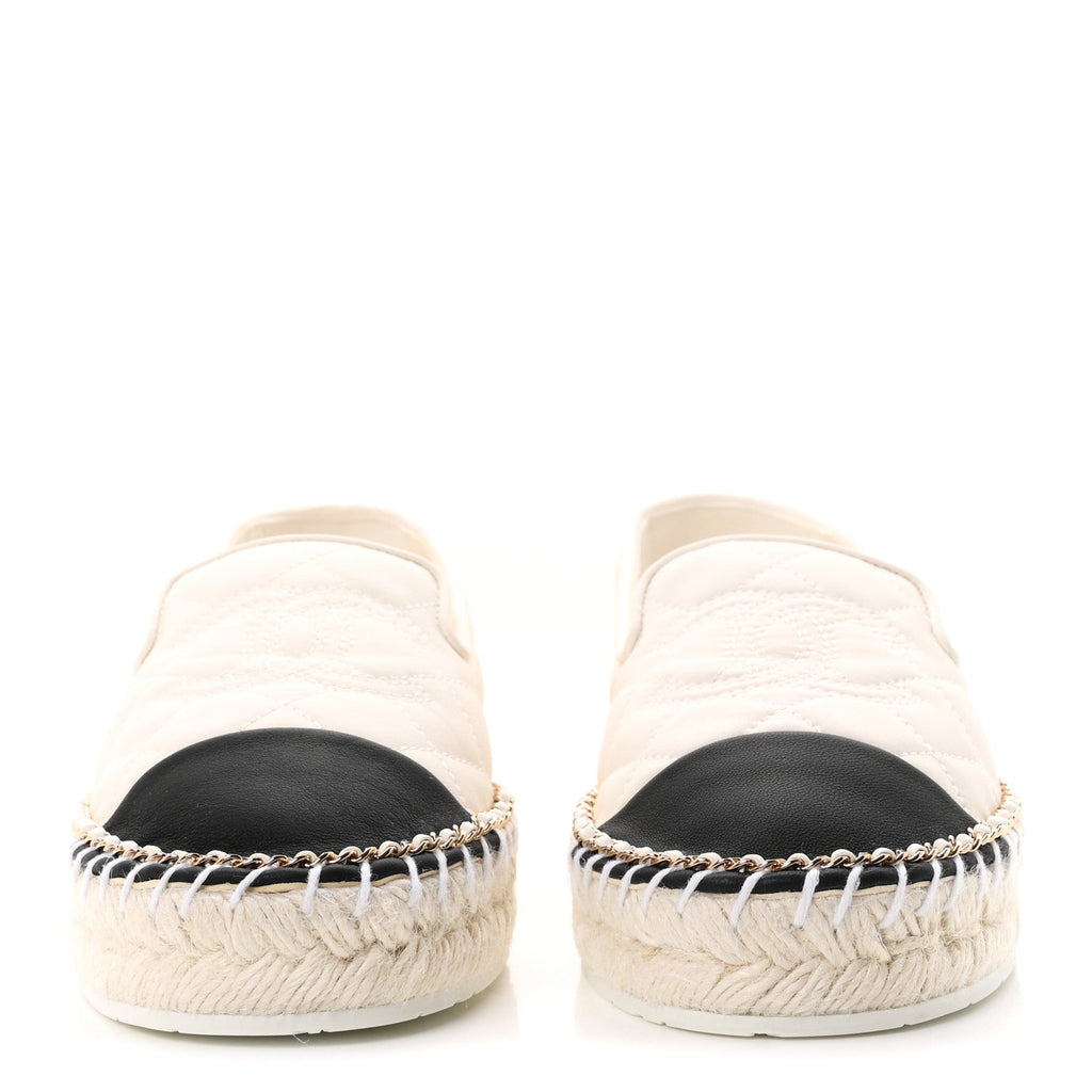 Chanel Shiny Lambskin Grosgrain CC Women's Espadrilles White Black