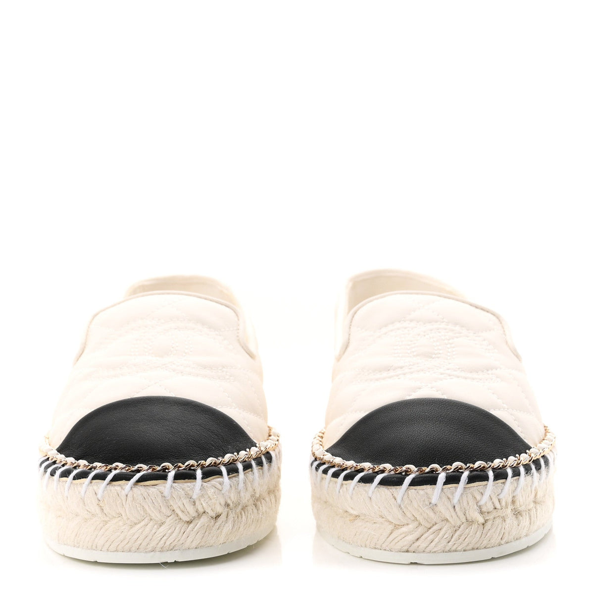Chanel Shiny Lambskin Grosgrain CC Women's Espadrilles White Black