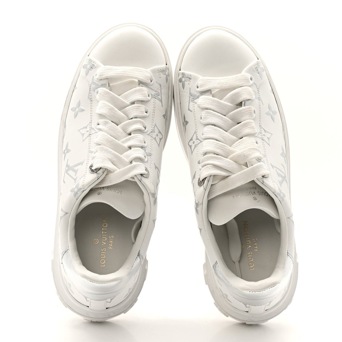 Louis Vuitton Calfskin Women's Monogram Debossed Time Out Sneakers 38 White Silver