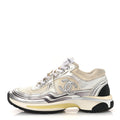 Chanel Fabric Laminated Calfskin Stretch Women's CC Sneakers 38.5 White Silver