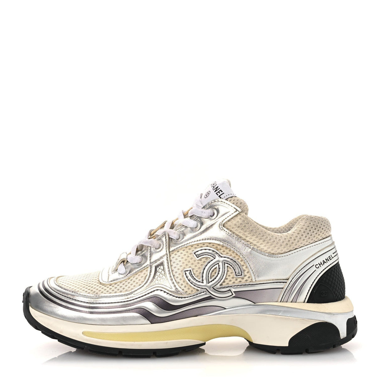 Chanel Fabric Laminated Calfskin Stretch Women's CC Sneakers 38.5 White Silver