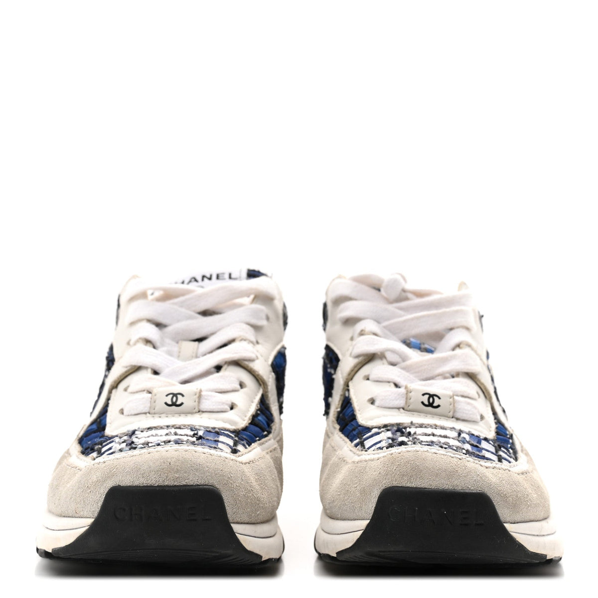Chanel Tweed Suede Calfskin Women's CC Sneakers 37 Dark Blue Black Grey White