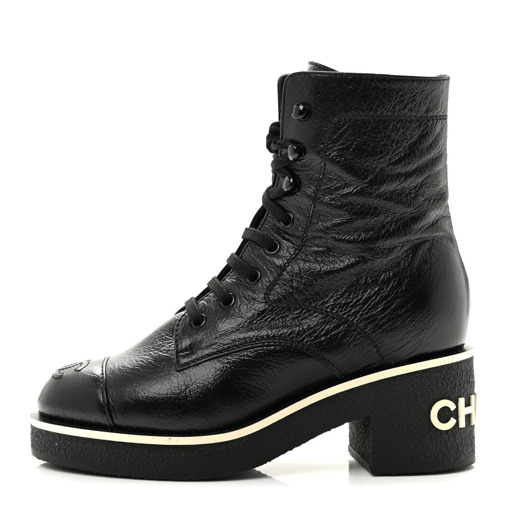 Chanel Shiny Crumpled Lambskin Lace Up Combat Women's Boots