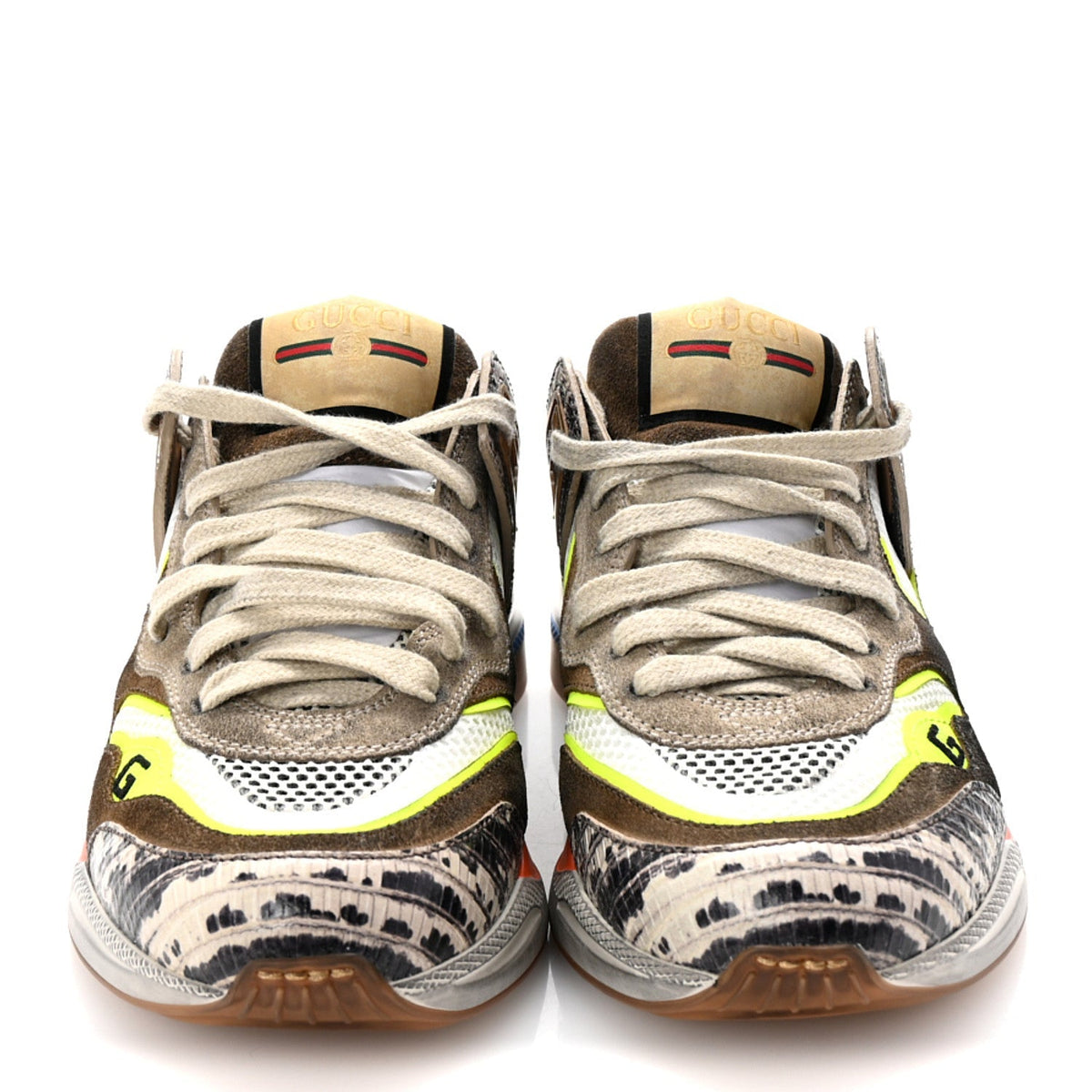 Gucci Suede Calfskin Tejus Printed Women's Ultrapace Sneakers 35 Natural Ardesia Neon Yellow