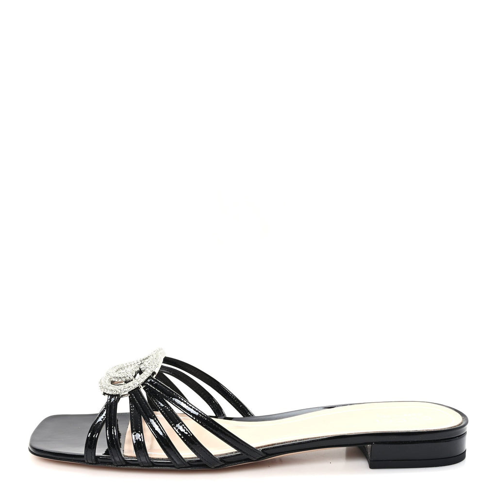 Gucci Vernice Crystal Women's Interlocking G Slide Sandals 40 Black