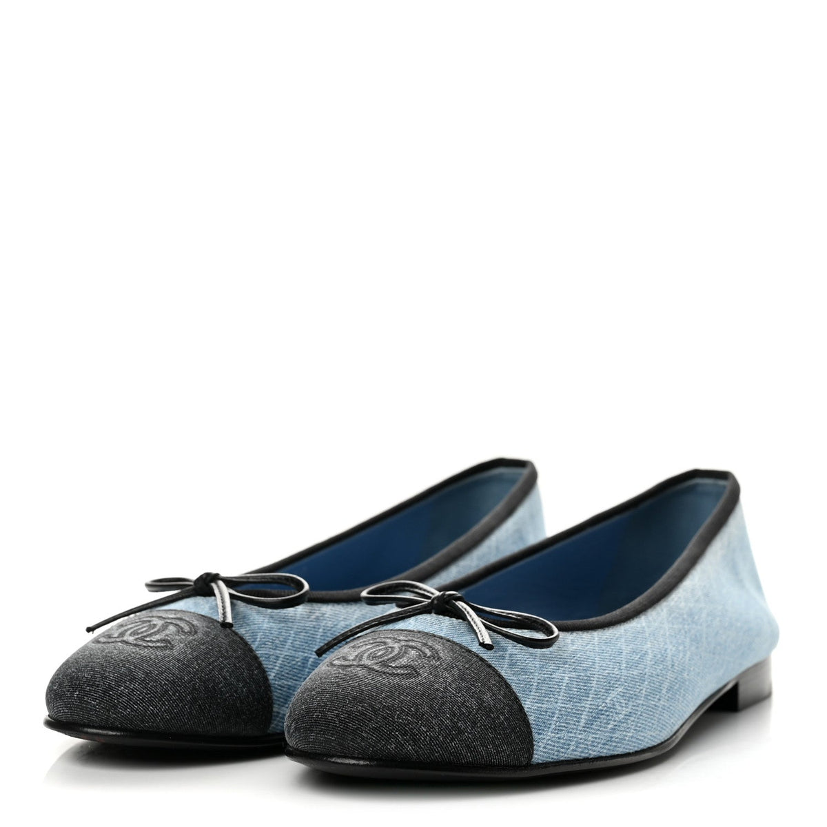 Chanel Denim Printed Quilt CC Cap Toe Women's Ballerina Flats Light Blue Dark Grey