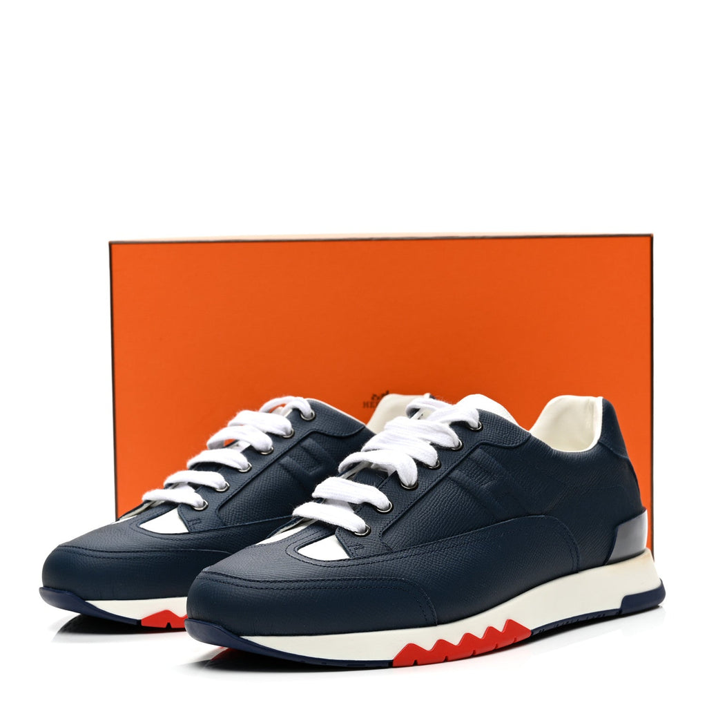 Hermes Epsom Calfskin Men's Trail Sneakers 42 Indigo White