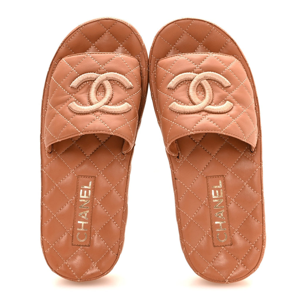 Chanel Lambskin Quilted Women's CC Mules Sandals 37 Brown