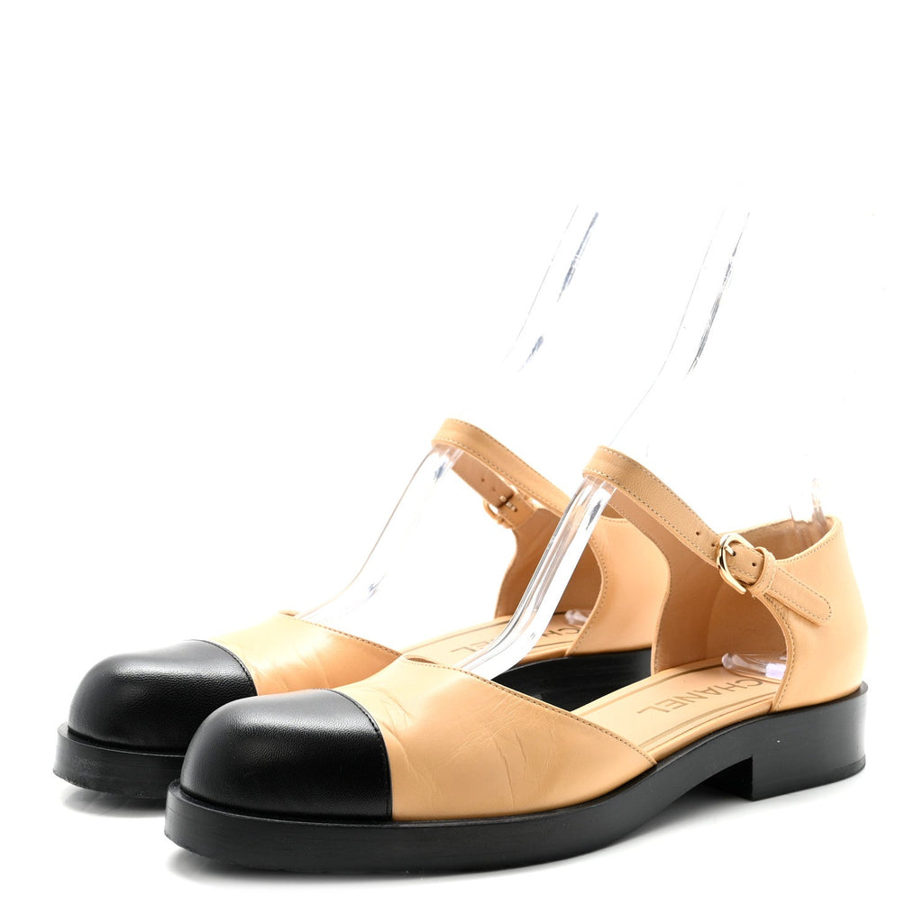 Chanel Shiny Goatskin Women's Mary Jane Flats 38.5 Beige Black