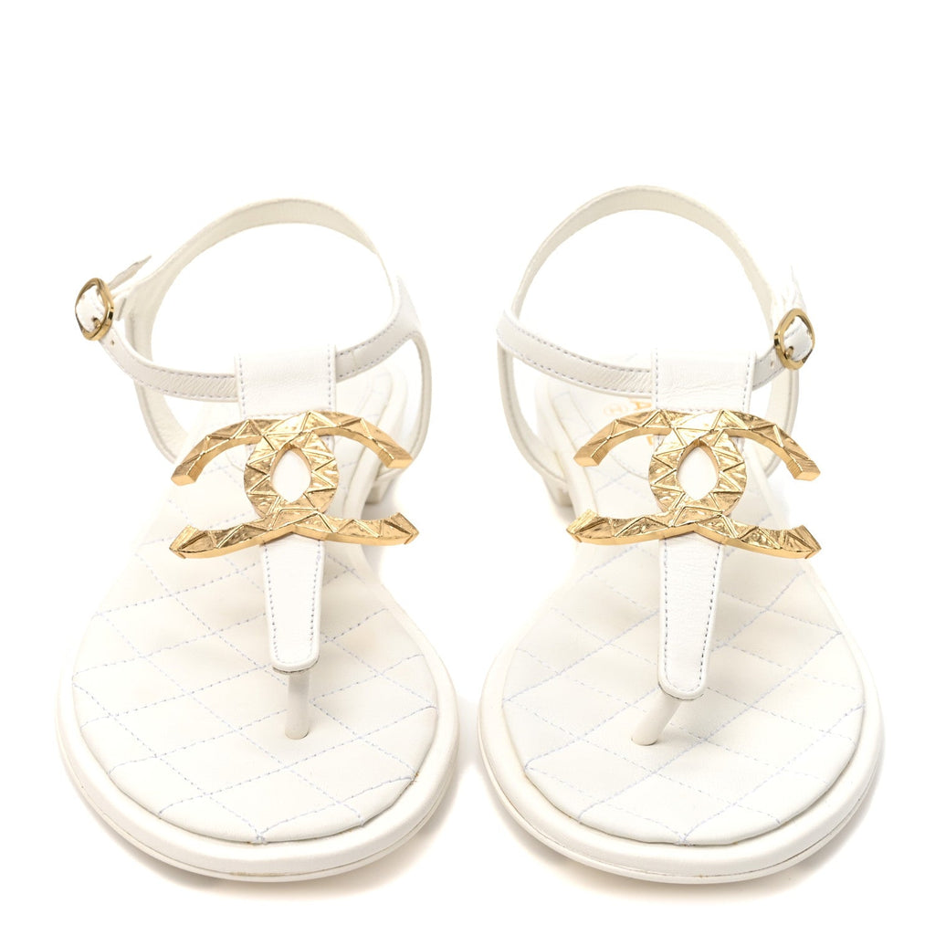 Chanel Lambskin Women's CC Thong Sandals 37.5 White