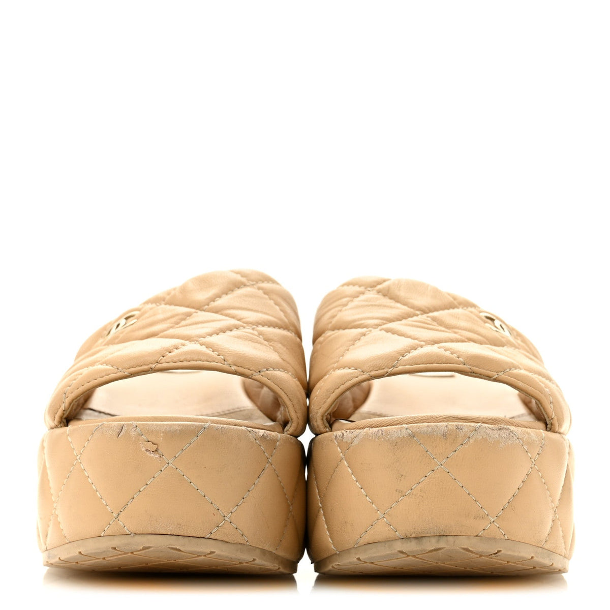 Chanel Lambskin Women's Quilted CC Wedge Mules 36 Beige