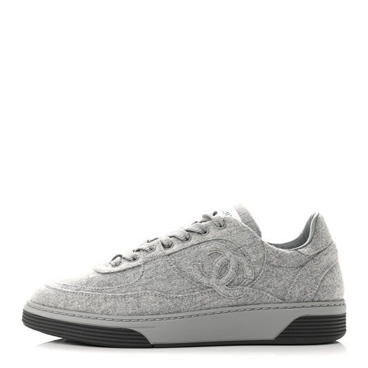 Chanel Wool Mixed Fibers Women's CC Sneakers 38 Light Grey