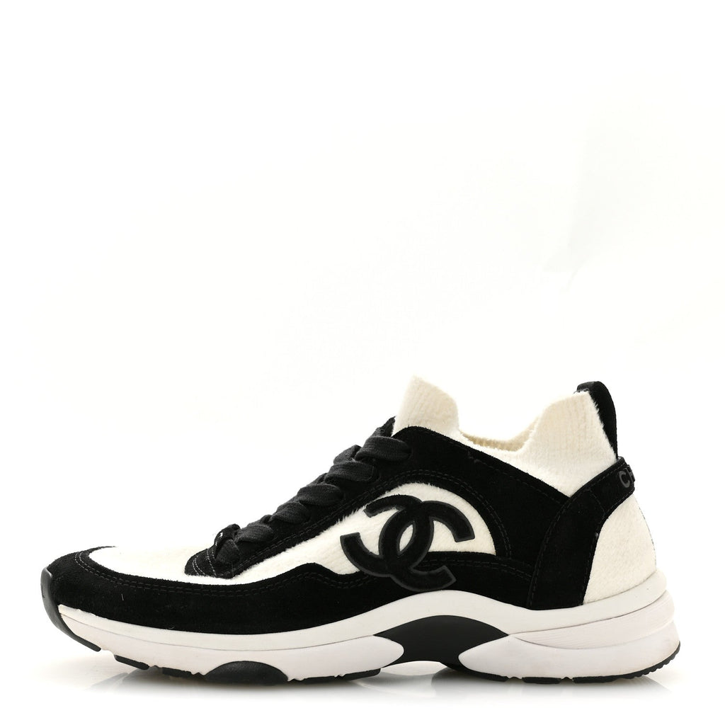 Chanel Fabric Suede Calfskin Women's CC Sneakers 38 White Black