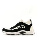 Chanel Fabric Suede Calfskin Women's CC Sneakers 38 White Black
