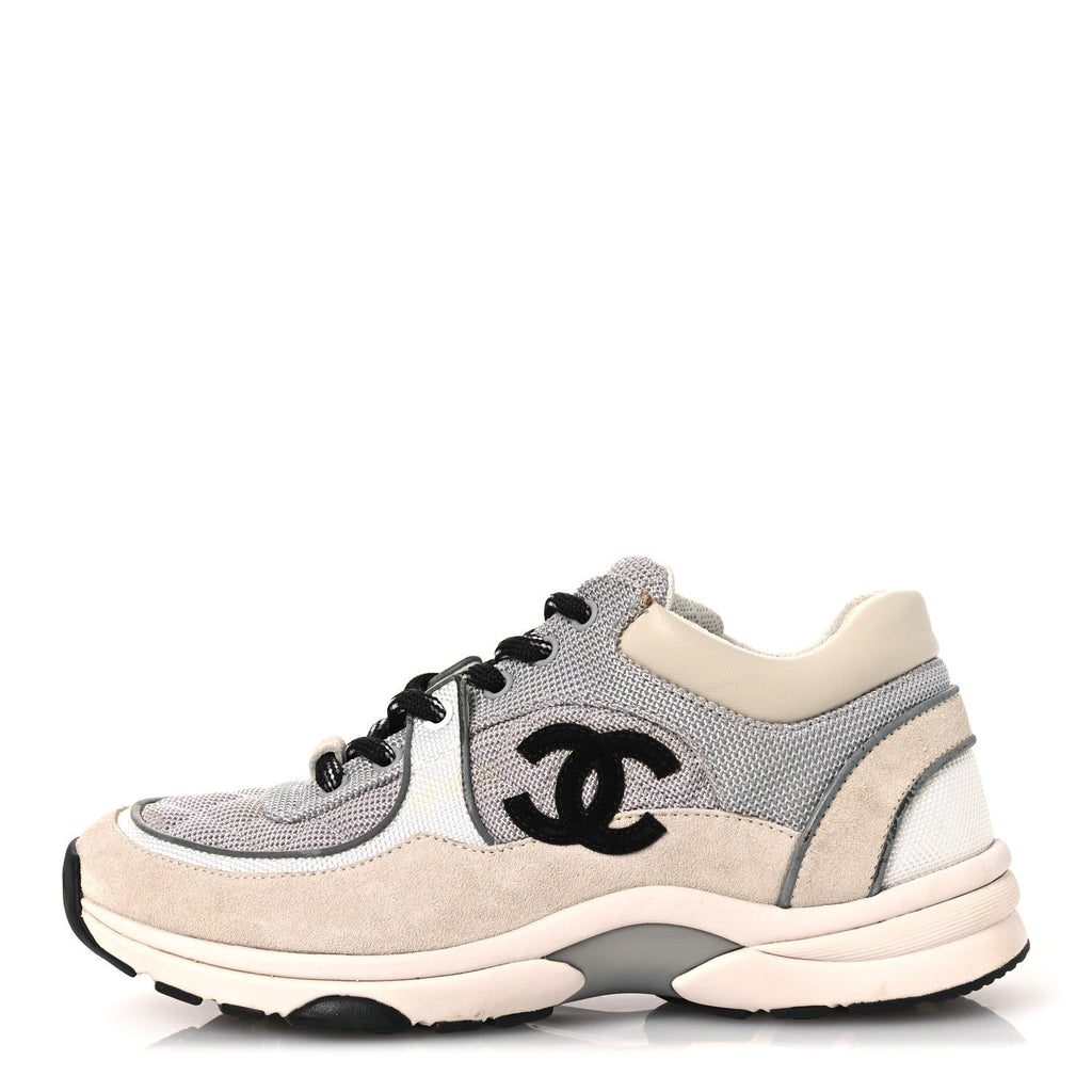 Chanel Mesh Suede Grained Calfskin Women's CC Sneakers 37 Grey White