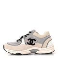 Chanel Mesh Suede Grained Calfskin Women's CC Sneakers 37 Grey White