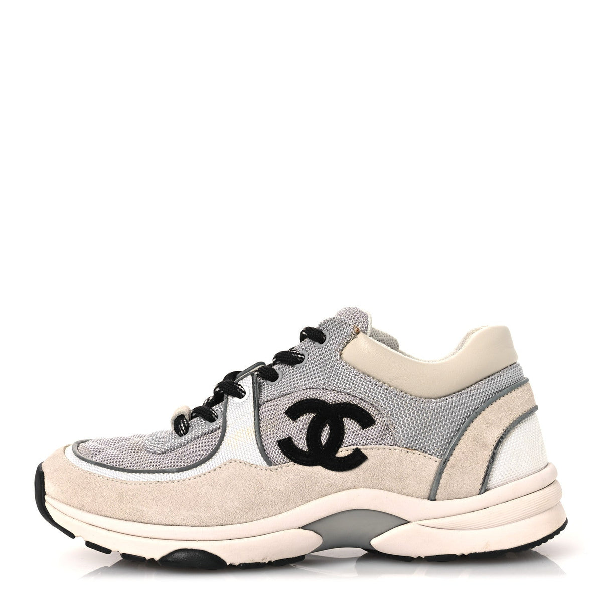 Chanel Mesh Suede Grained Calfskin Women's CC Sneakers 37 Grey White