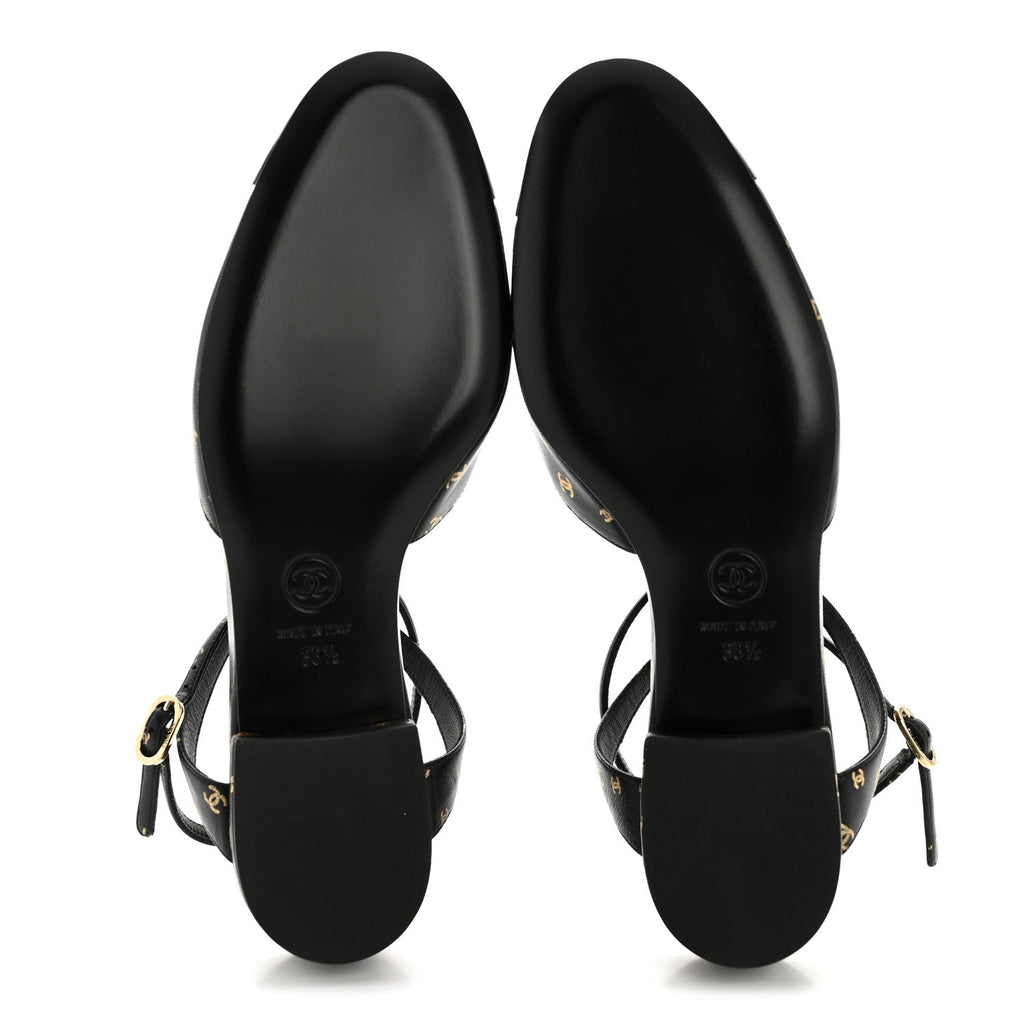 Chanel Lambskin Patent Calfskin Women's Cap Toe CC Slingbacks 36.5 Black Gold