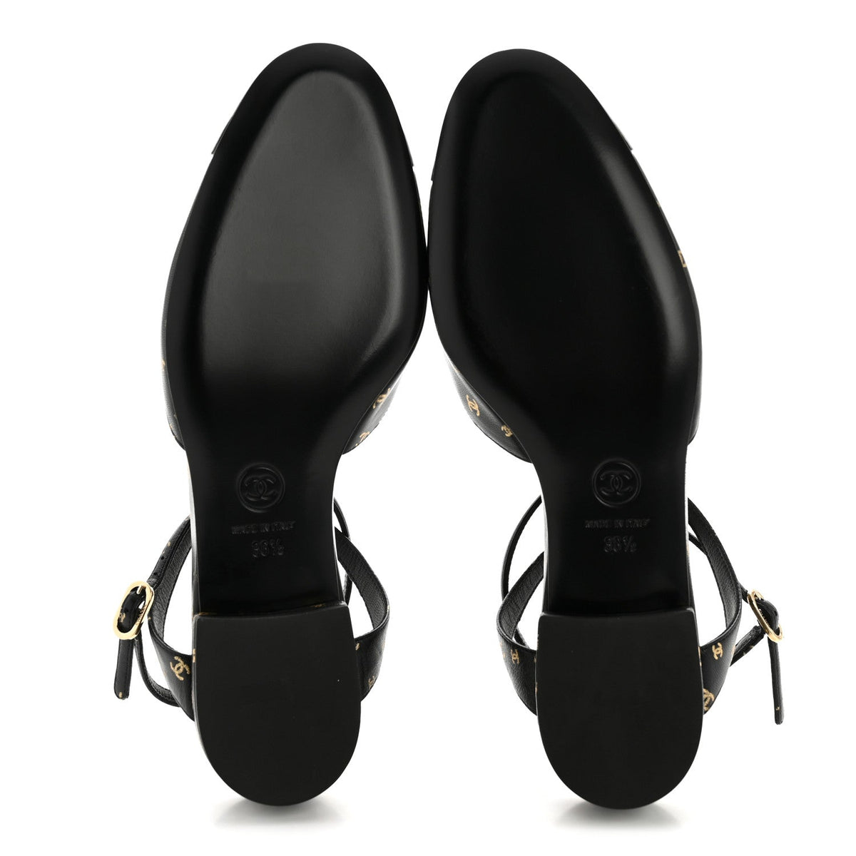 Chanel Lambskin Patent Calfskin Women's Cap Toe CC Slingbacks 36.5 Black Gold