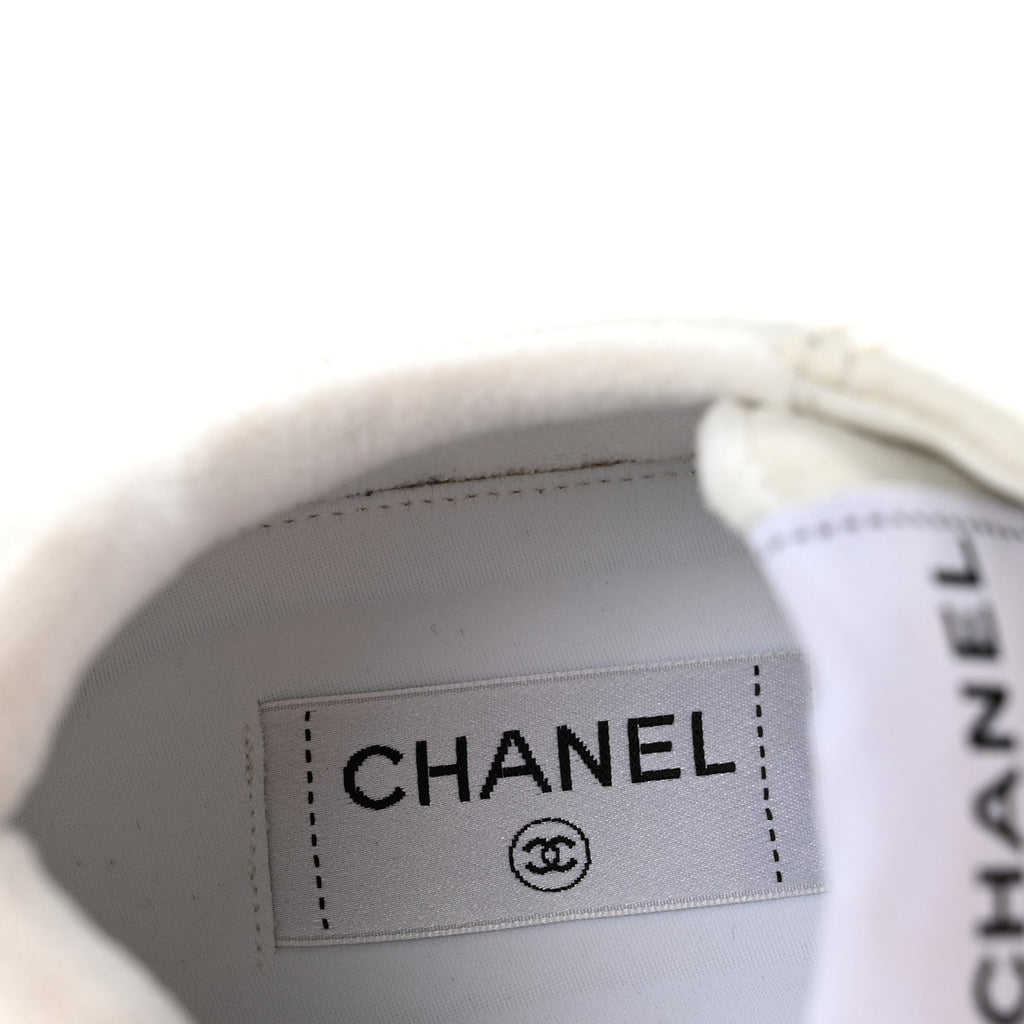 Chanel Grained Calfskin Fabric Women's Logo Sneakers 37.5 White
