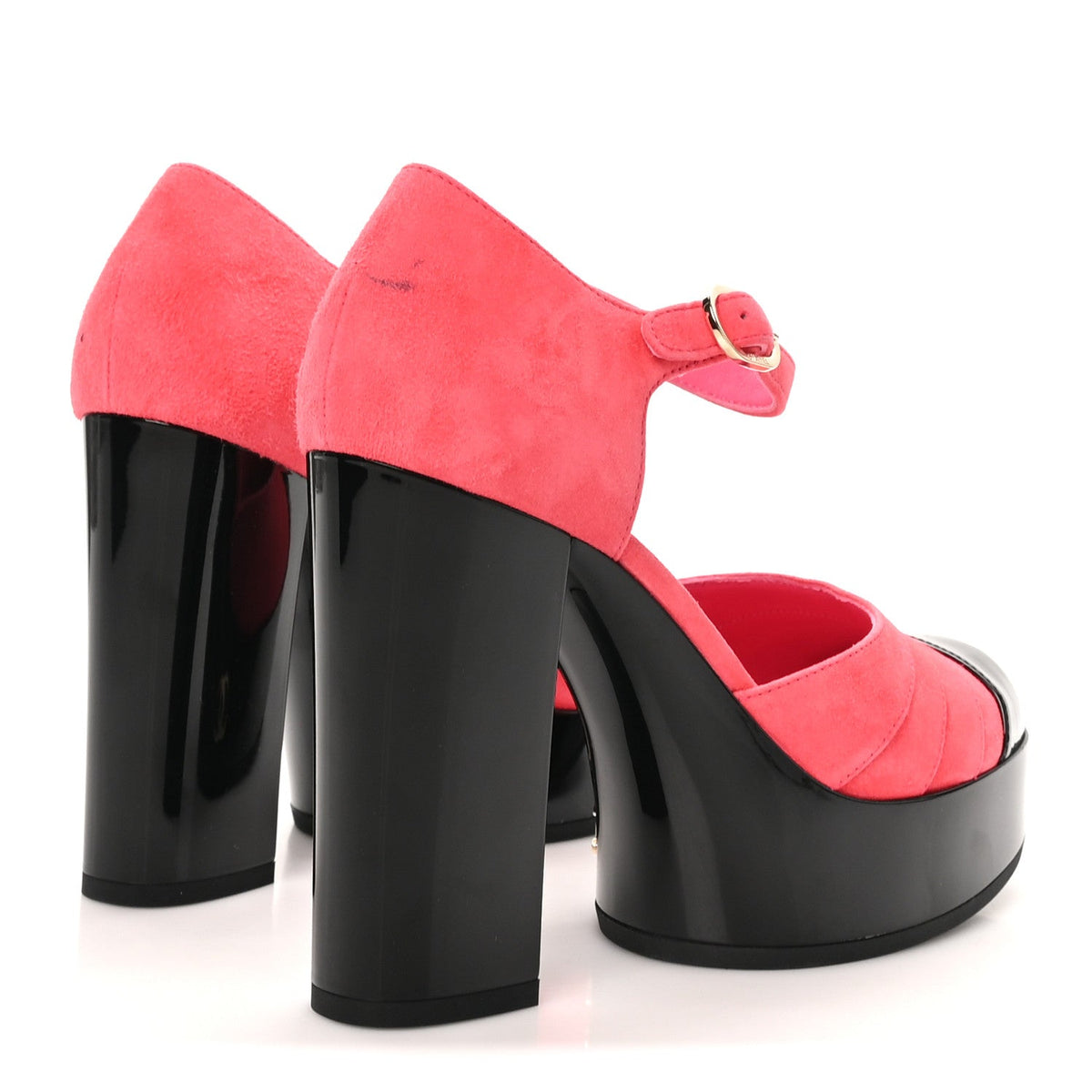 Chanel Suede Kidskin Patent Women's CC Platform Pumps 37 Dark Pink Black