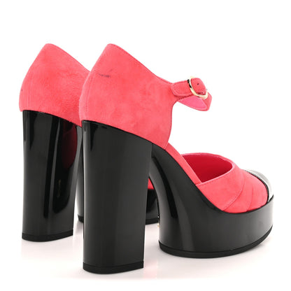 Chanel Suede Kidskin Patent Women's CC Platform Pumps 37 Dark Pink Black
