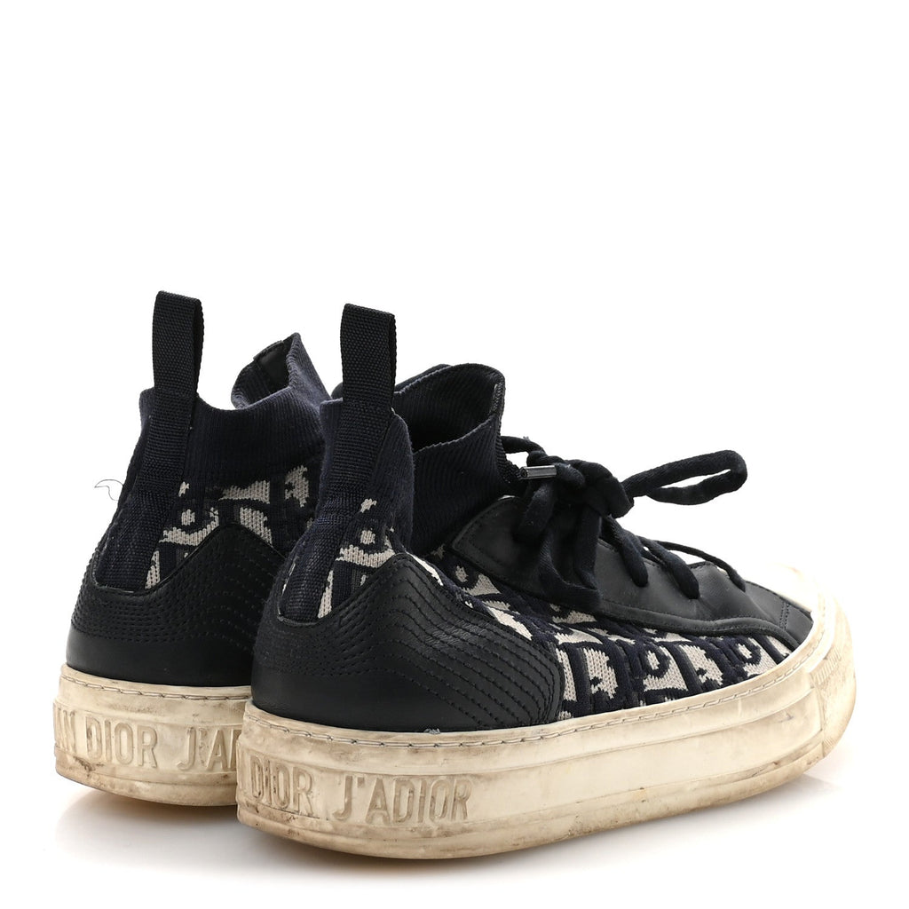 Christian Dior Technical Knit Calfskin Oblique Women's Walk'n Dior Mid Top Sneakers 35 Deep Blue