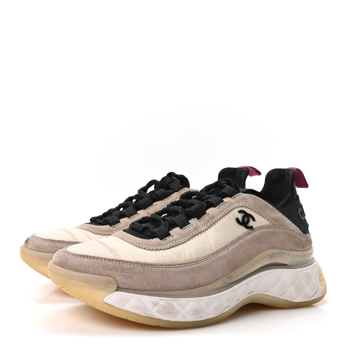 Chanel Suede Calfskin Nylon Grosgrain Women's CC Sneakers 37 Beige Pink