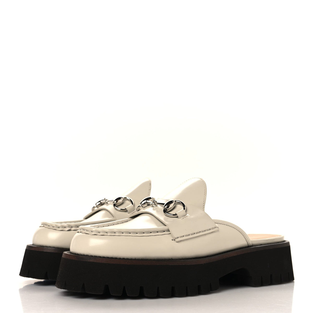 Gucci Smooth Calfskin Women's Cordovan Lux Horsebit Platform Mules 37 Mystic White