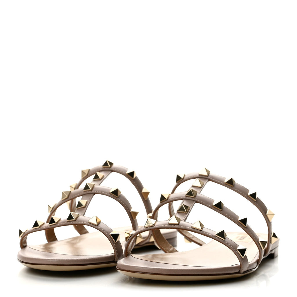 Valentino Garavani Calfskin Women's Rockstud Caged Flat Slide Sandals 37 Poudre