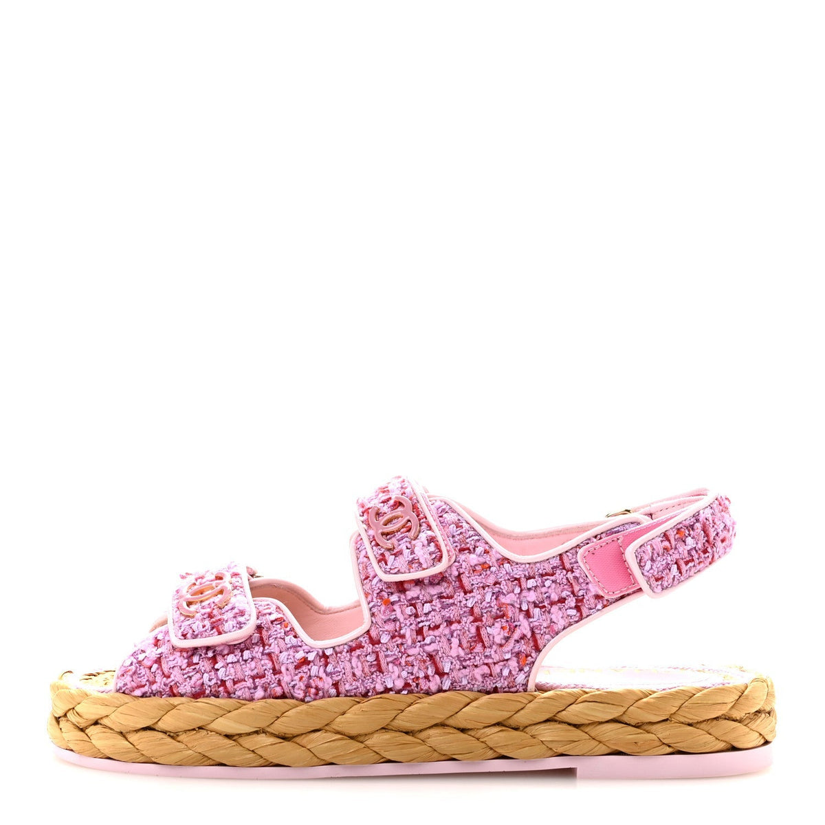 Chanel Tweed Patent Calfskin Women's Velcro Dad Sandals 38.5 Light Purple Pink Red