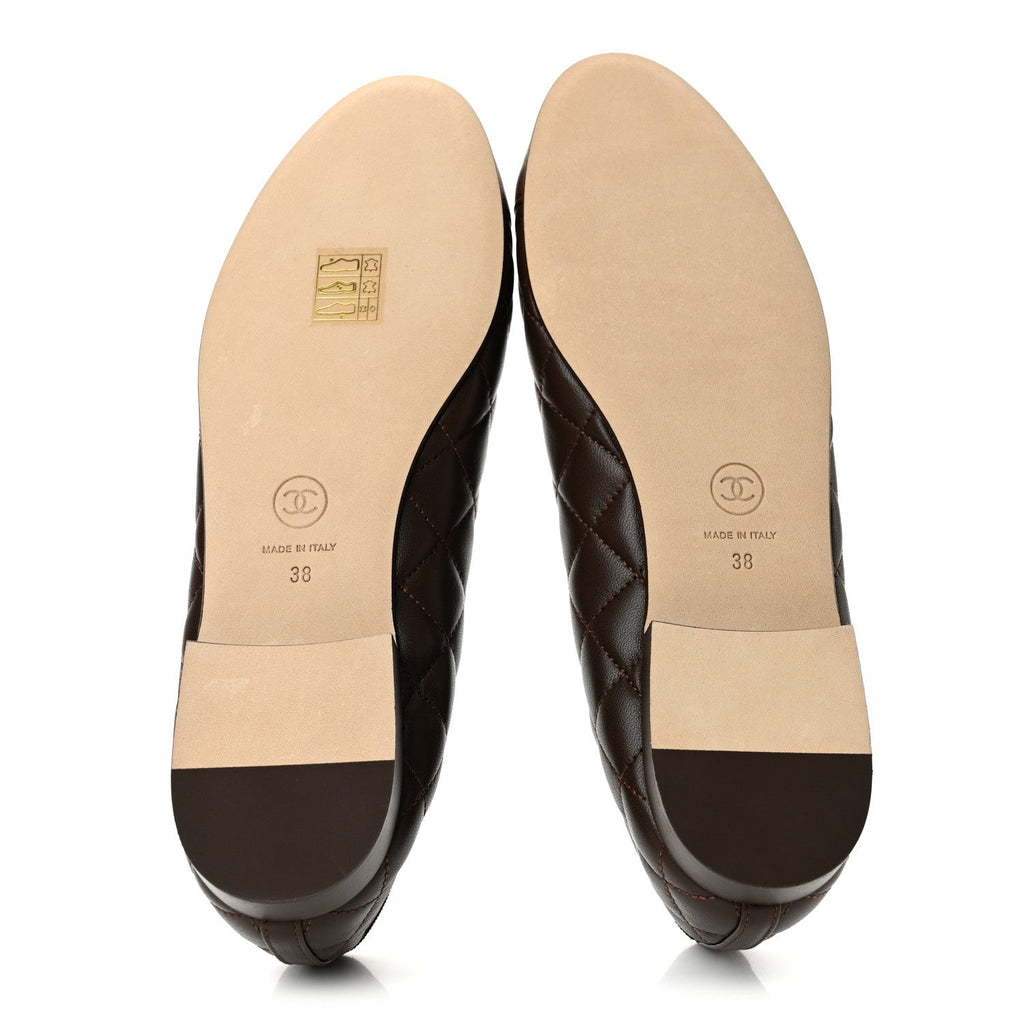 Chanel Lambskin Quilted CC Women's Ballerina Flats 38 Dark Brown