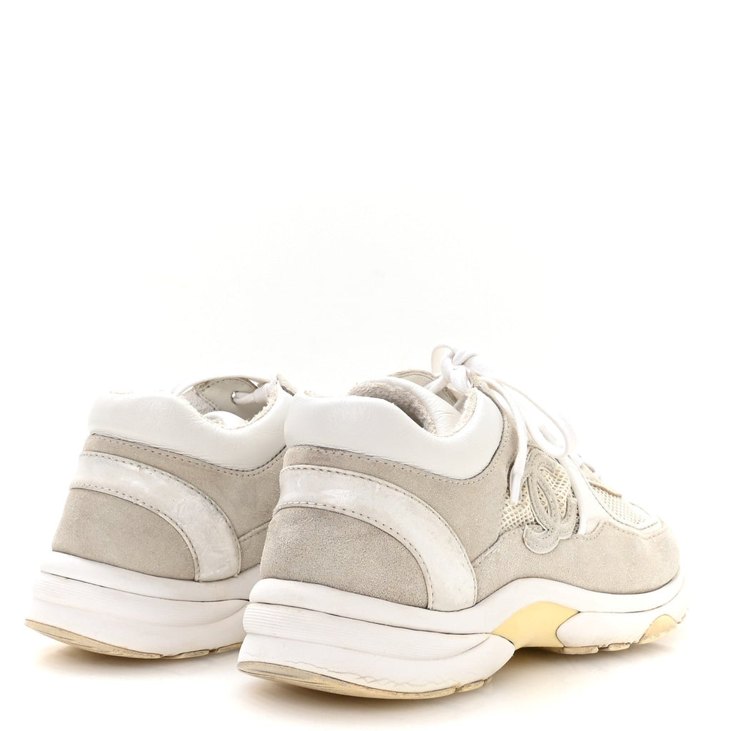 Chanel Suede Calfskin Women's CC Sneakers 37.5 White