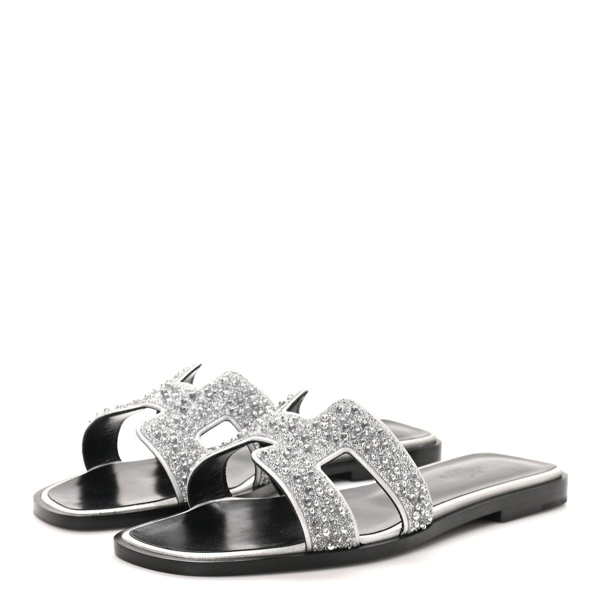 Hermes Velvet Goatskin Crystal Beads Oran Women's Sandals Gris Argente
