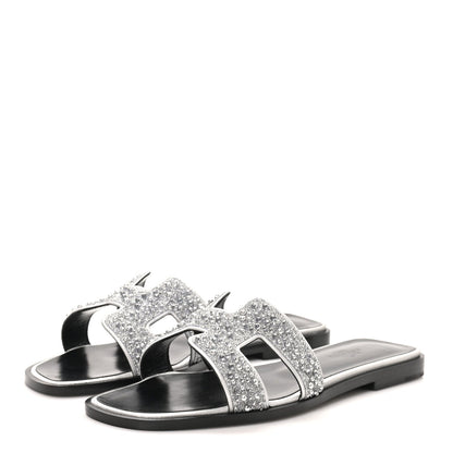 Hermes Velvet Goatskin Crystal Beads Oran Women's Sandals Gris Argente