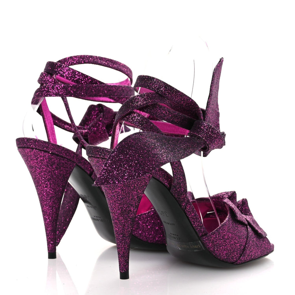 Saint Laurent Glitter Metallic Women's Kiki 100 Ankle Strap Sandals 36.5 Fucxia