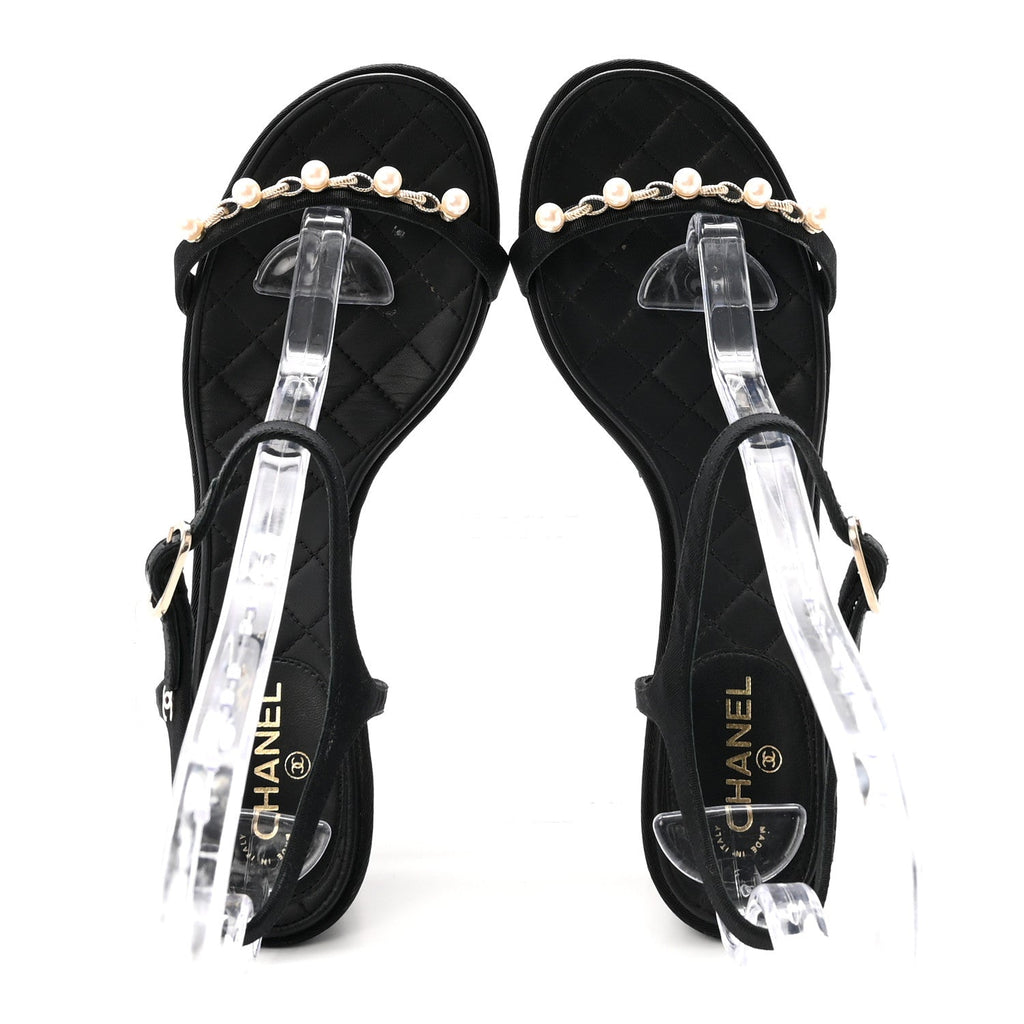 Chanel Grosgrain Pearl Chain Women's CC Sandals 38.5 Black