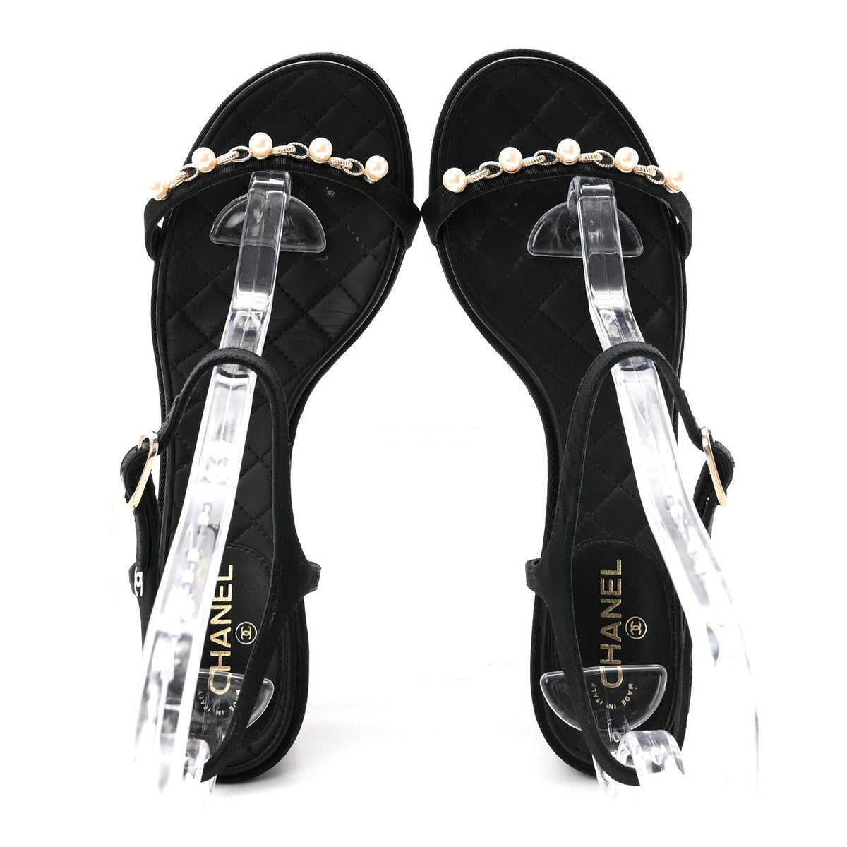 Chanel Grosgrain Pearl Chain Women's CC Sandals 38.5 Black