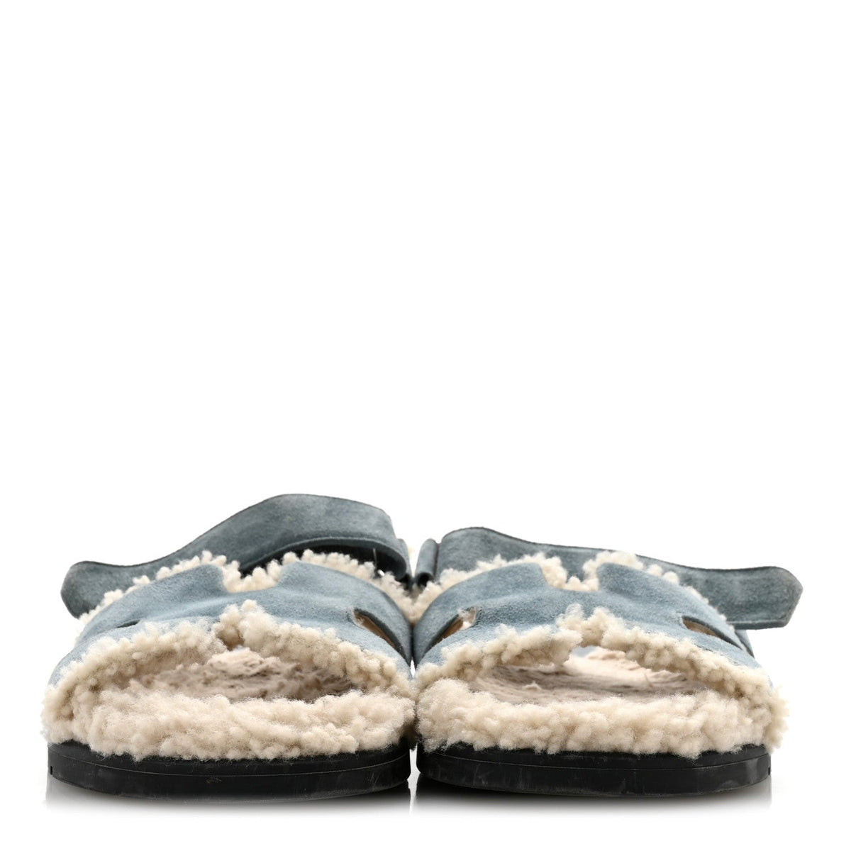 Hermes Suede Goatskin Woolskin Women's Chypre Sandals 38.5 Bleu Pinede Ecru