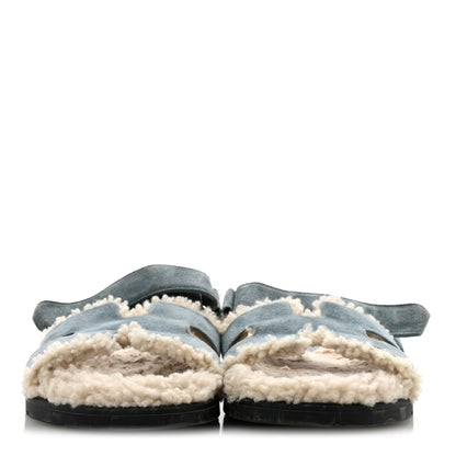 Hermes Suede Goatskin Woolskin Women's Chypre Sandals 38.5 Bleu Pinede Ecru
