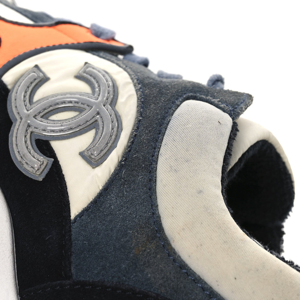 Chanel Nylon Calfskin Suede Women's CC Sneakers 35.5 Navy White Orange Black