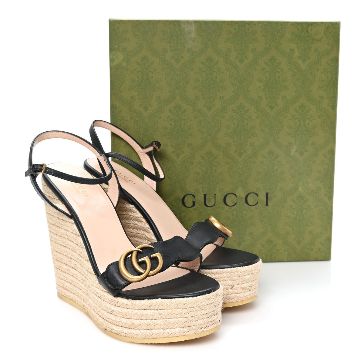 Gucci Nappa Matelasse Women's GG Marmont 45/130mm Espadrille Wedges 39.5 Black