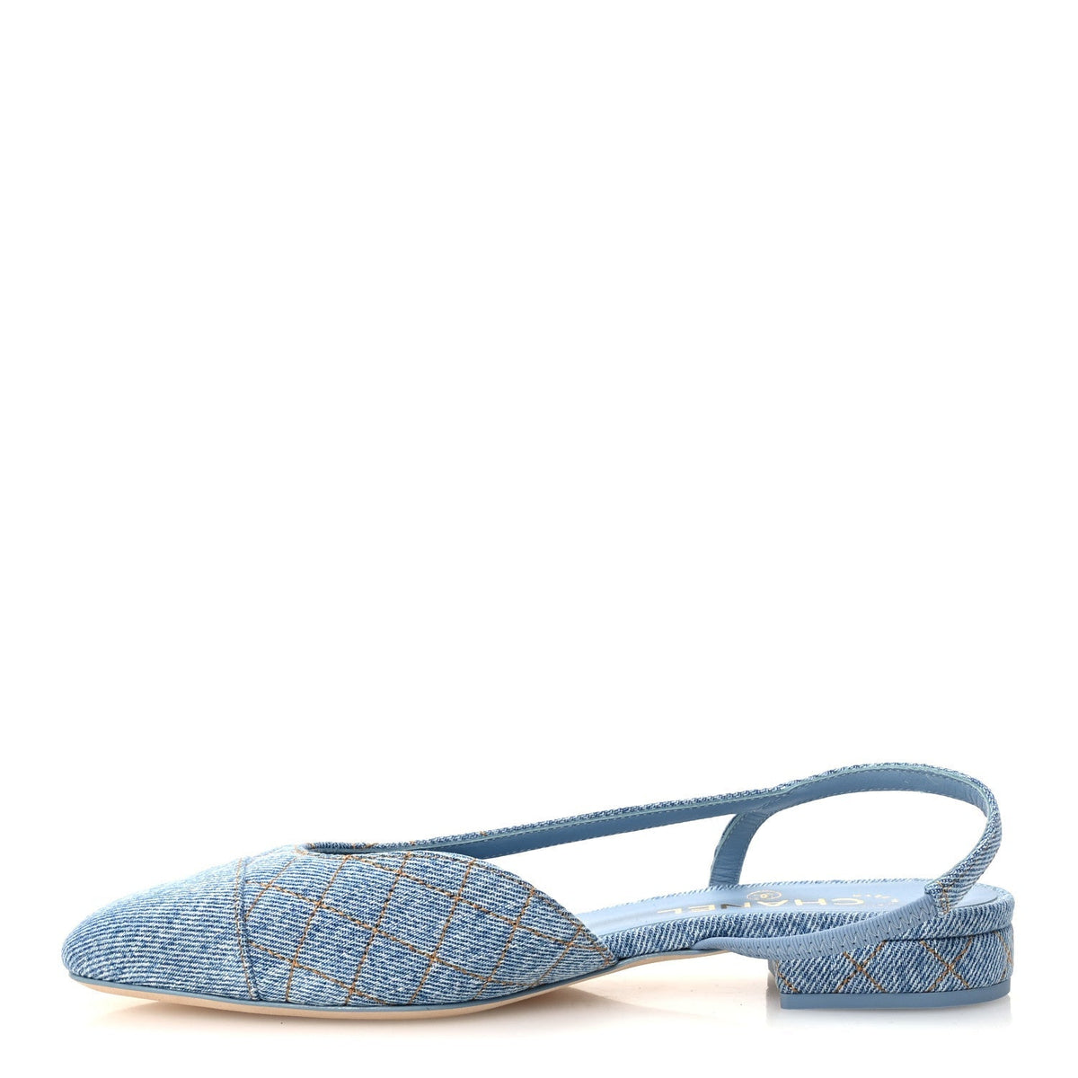 Chanel Denim Quilted CC Cap Toe Women's Slingback Flats Light Blue
