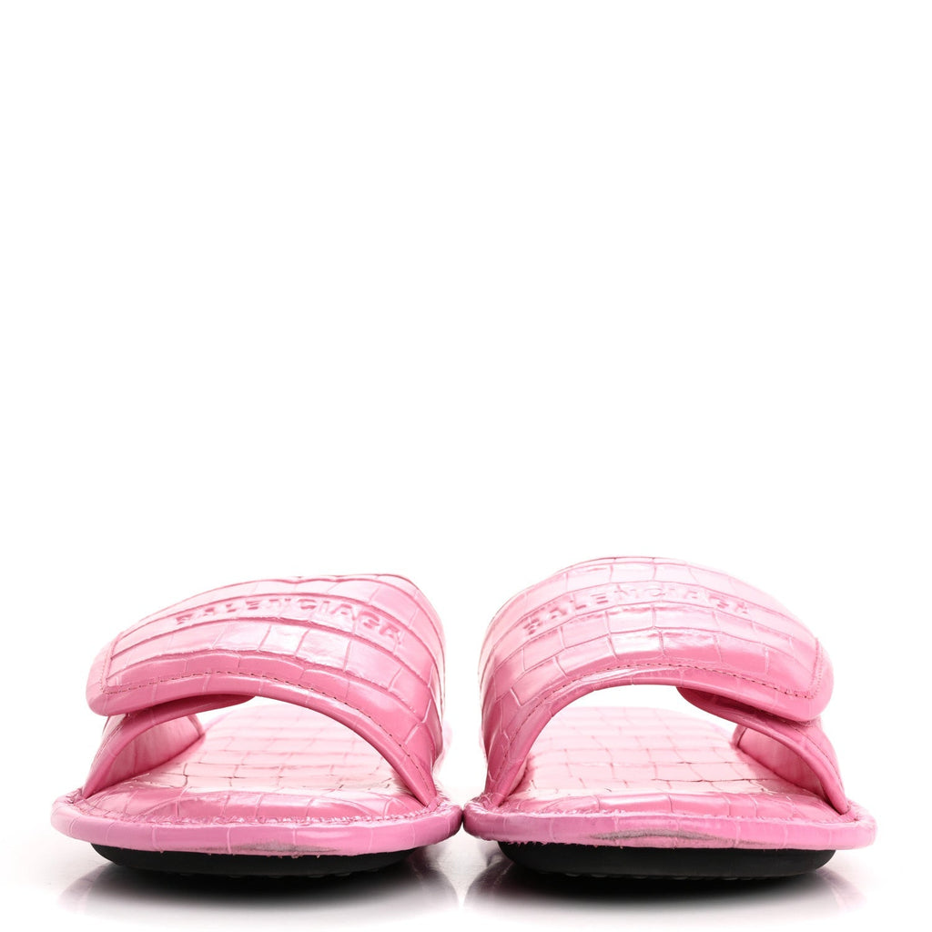 Balenciaga Crocodile Embossed Calfskin Logo Women's Slides 40 Fuxia
